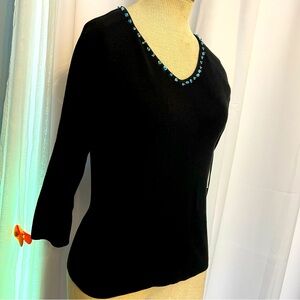 Black V Neck Black Top 3/4 Sleeve Turquoise Accents Sz Small Cotton New Y2K